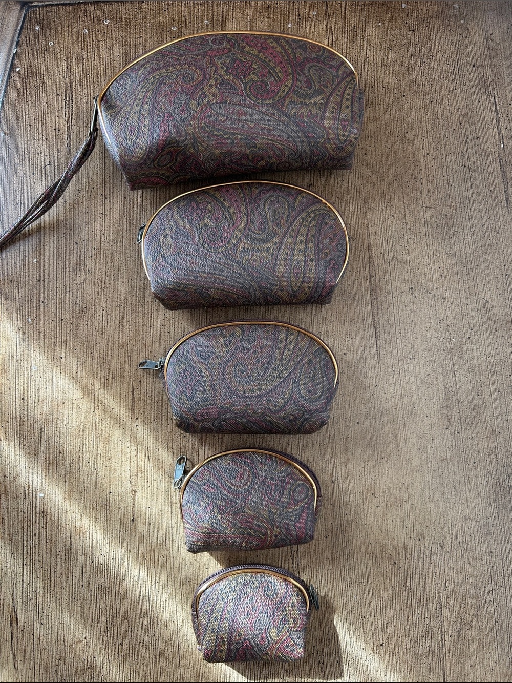 Vintage Matryoshka Paisley Print Vinyl W/ Golden Piping Accents Travel Pouch Set